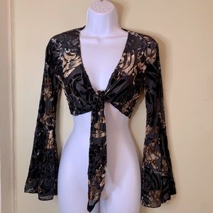 Velvet Patterned Bell Sleeve Tie Top